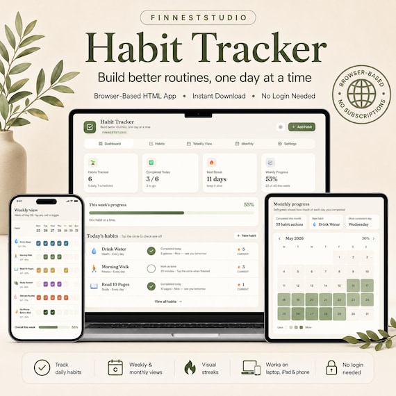 Habit Tracker Browser App, Routine & Goal Planner (Digital Download)