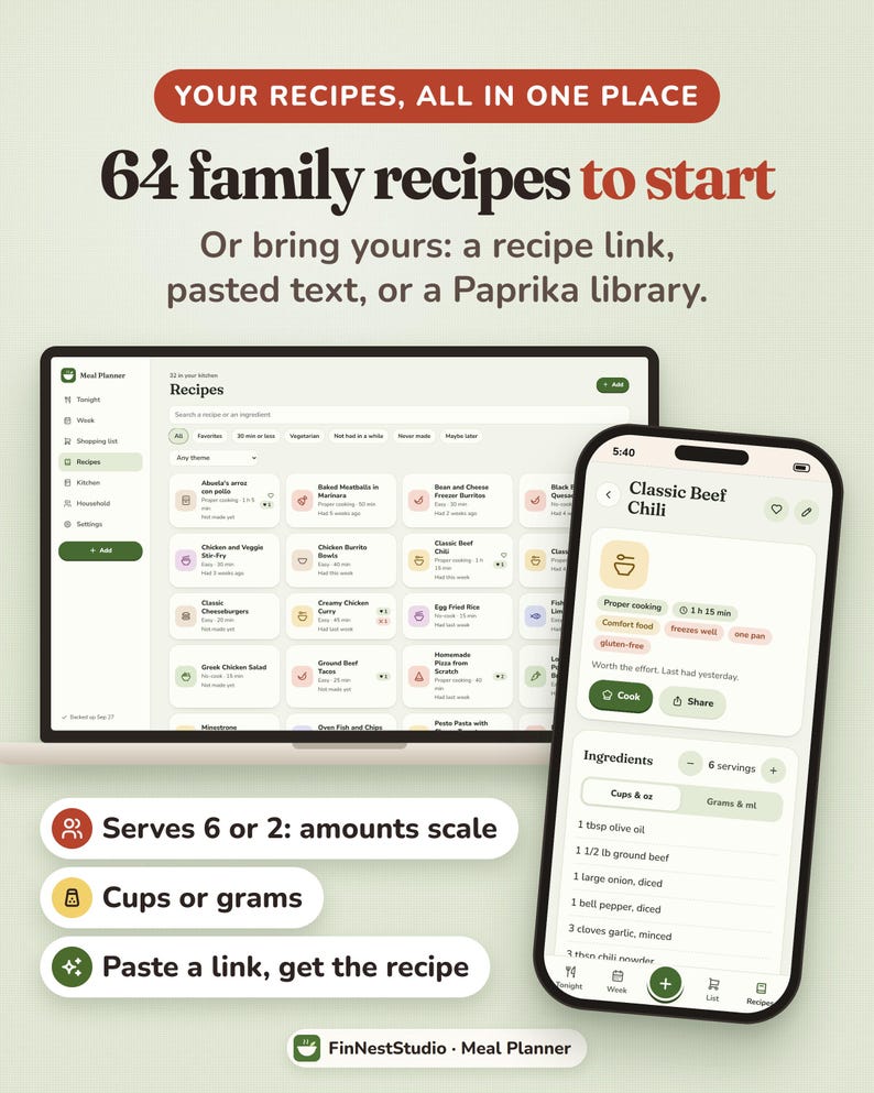 Puede incluir: Una interfaz de planificador de comidas digital en la pantalla de una computadora port&aacute;til y un tel&eacute;fono inteligente. El texto dice: YOUR RECIPES, ALL IN ONE PLACE, 64 family recipes to start, Or bring yours: a recipe link, pasted text, o Paprika.