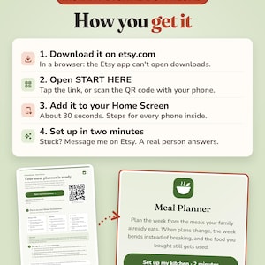 Puede incluir: Un gr&aacute;fico de instrucciones para una descarga digital instant&aacute;nea titulado How you get it. Enumera cuatro pasos: descargar en etsy.com, abrir START HERE, a&ntilde;adir a la pantalla de inicio y configurar en dos minutos. Incluye una vista previa.