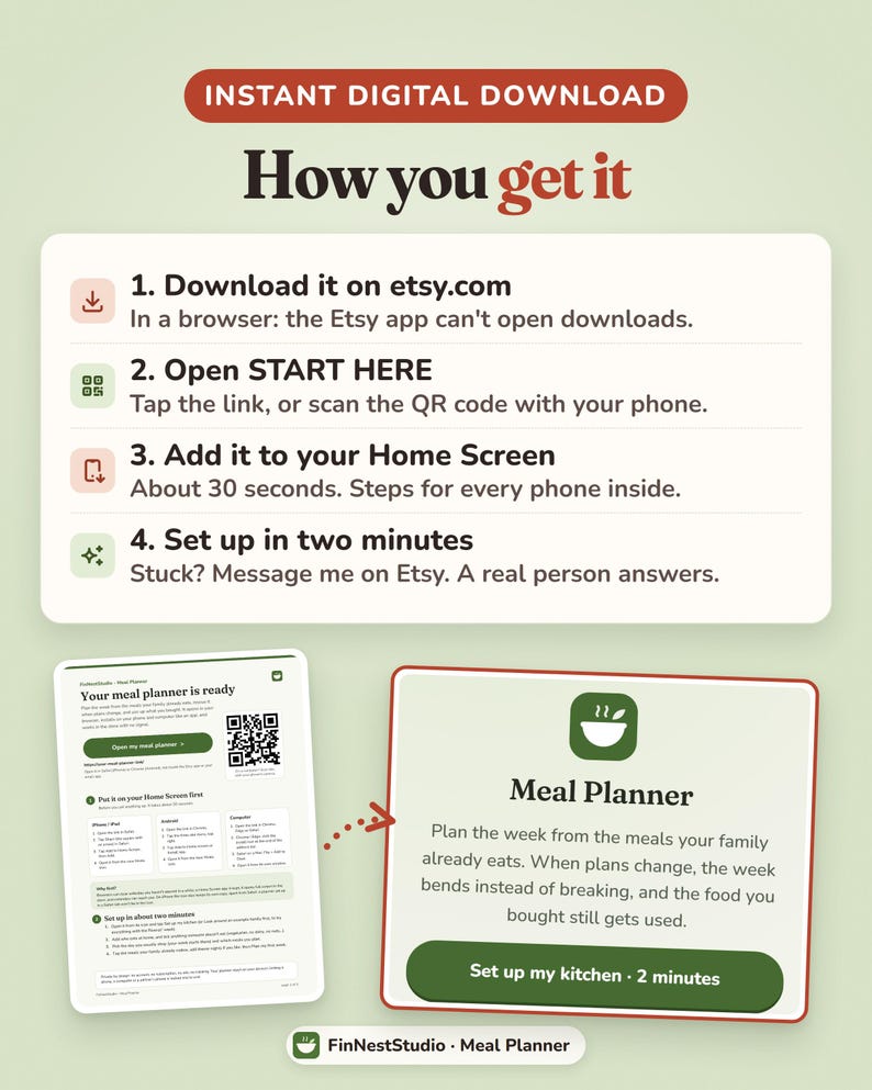 Puede incluir: Un gr&aacute;fico de instrucciones para una descarga digital instant&aacute;nea titulado How you get it. Enumera cuatro pasos: descargar en etsy.com, abrir START HERE, a&ntilde;adir a la pantalla de inicio y configurar en dos minutos. Incluye una vista previa.