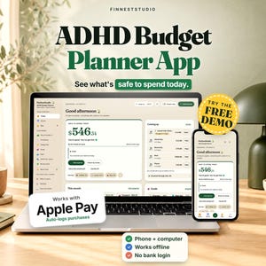 ADHD Budget Planner App | Safe to Spend Tracker, Paycheck Budget, Bills & Envelopes, Works Offline on Phone + Computer, No Subscription