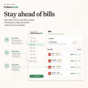 Puede incluir: Una interfaz digital titulada ADHD Money Hub de FinNestStudio que muestra un panel de control para el seguimiento de facturas. El dise&ntilde;o incluye una barra lateral con iconos de navegaci&oacute;n, un campo de reserva y una lista de facturas.