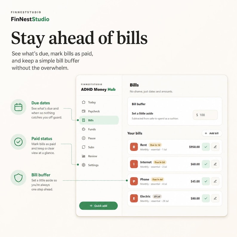 Puede incluir: Una interfaz digital titulada ADHD Money Hub de FinNestStudio que muestra un panel de control para el seguimiento de facturas. El dise&ntilde;o incluye una barra lateral con iconos de navegaci&oacute;n, un campo de reserva y una lista de facturas.