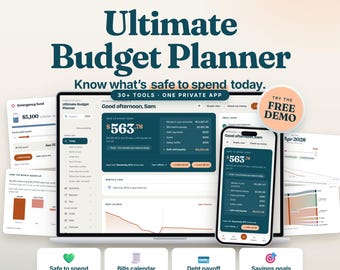 Puede incluir: Una interfaz de planificador de presupuesto digital en una pantalla de portátil y smartphone. El panel muestra datos financieros, incluyendo un importe seguro para gastar de 563,78 $, saldos de cuentas y facturas. El texto incluye Ultimate Budget Planner y Try the Free Demo.