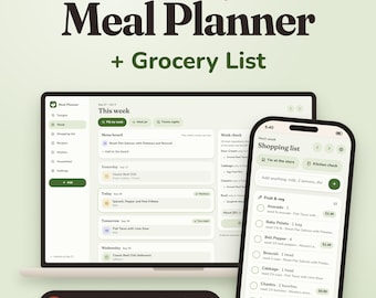 Pode incluir: Uma aplicação digital de planeamento de refeições semanais e lista de compras exibida num ecrã de portátil e smartphone. A interface apresenta secções organizadas. Um emblema contém o texto No subscription em letras brancas.