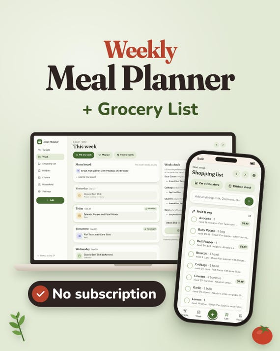 Meal Planner App, Weekly Meal Planning & Grocery List, Recipe Organizer, Shopping List, Digital Meal Planner