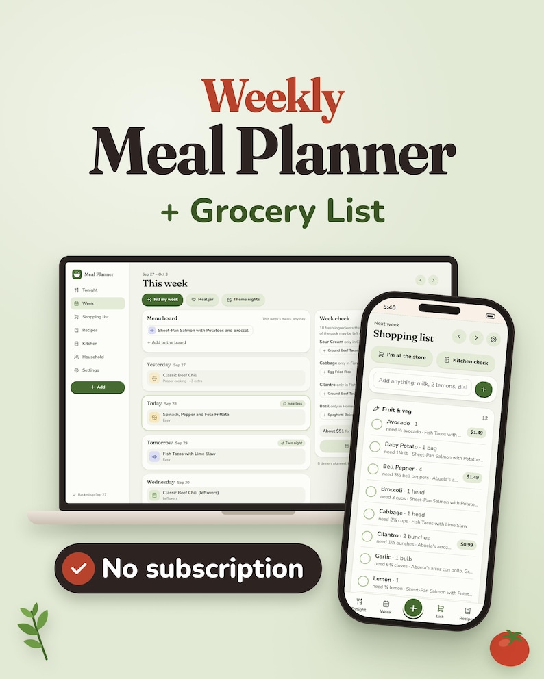 Puede incluir: Una aplicaci&oacute;n digital de planificaci&oacute;n de comidas semanales y lista de la compra mostrada en una pantalla de port&aacute;til y smartphone. La interfaz presenta secciones organizadas. Una insignia muestra el texto No subscription.