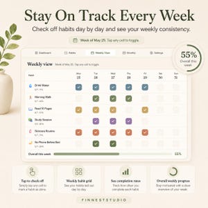 May include: A digital habit tracker with the text "Stay On Track Every Week." The tracker displays a weekly view with checkboxes for habits like drinking water and reading pages. It shows a 55% overall completion rate for the week.