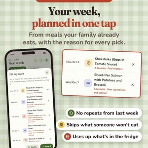 Puede incluir: Una interfaz de planificador de comidas digital en la pantalla de un tel&eacute;fono inteligente y una ventana emergente separada. El texto dice: Two Minutes on Sunday, Your week, planned in one tap, From meals your family already eats, with the reason for every pick. Incluye programaci&oacute;n de comidas, uso de ingredientes y preferencias diet&eacute;ticas.