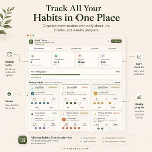 May include: A digital habit tracker interface with a clean, modern design. The app displays daily check-ins, streaks, and weekly progress. The interface includes sections for multiple habits, with options to edit and track progress. The color scheme is primarily white and green.