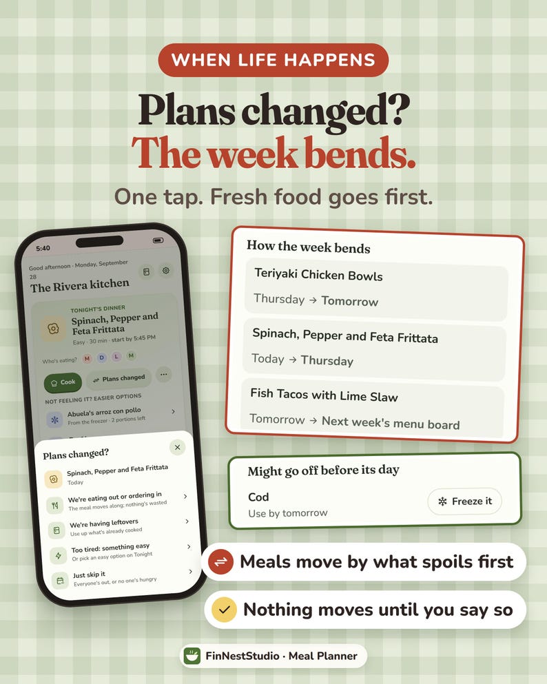 Puede incluir: Un tel&eacute;fono inteligente muestra la interfaz de una aplicaci&oacute;n de planificaci&oacute;n de comidas llamada The Rivera kitchen, con opciones para cambiar planes de cena. El texto incluye When life happens, Plans changed? The week bends y listas de comidas.