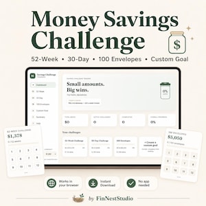 May include: A digital Money Savings Challenge tracker displayed on a tablet screen with a dashboard showing 52-week, 30-day, and 100-envelope options. Two small cards show progress for the 52-week and 100-envelope challenges with numerical grids.