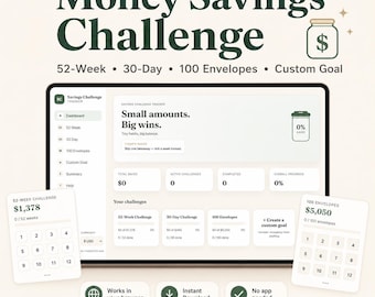 Rastreador de ahorros interactivo, retos de 52 semanas, 30 días y 100 sobres (descarga digital)