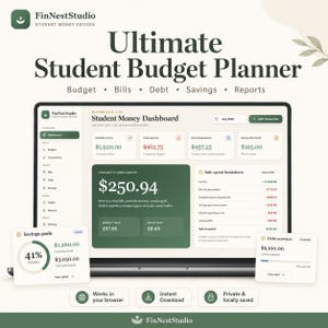 May include: A digital student budget planner displayed on a laptop screen, featuring a dashboard with sections for income, expenses, savings, and debt. The interface uses a green and white color scheme with text including Ultimate Student Budget Planner.