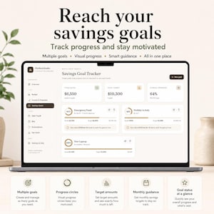 K&ouml;nnte beinhalten: Ein Laptop-Bildschirm mit einem digitalen Finanz-Dashboard namens Savings Goal Tracker. Die Benutzeroberfl&auml;che zeigt Fortschrittsbalken, Zielbetr&auml;ge und Kategorien wie Emergency Fund und Holiday in Italy. Text enth&auml;lt Reach your savings goals.