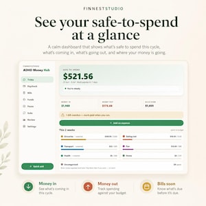 Puede incluir: Una interfaz de panel digital titulada ADHD Money Hub de Finneststudio. Muestra datos financieros, incluido un saldo disponible de $521.56, ingresos, gastos y seguimiento de facturas. El dise&ntilde;o presenta un men&uacute; lateral y barras de progreso.