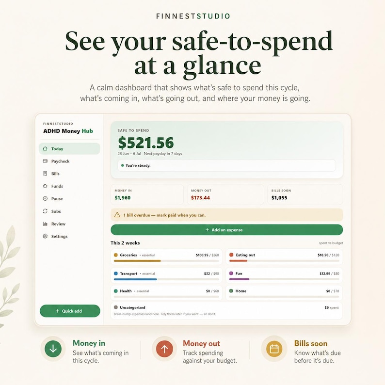 Puede incluir: Una interfaz de panel digital titulada ADHD Money Hub de Finneststudio. Muestra datos financieros, incluido un saldo disponible de $521.56, ingresos, gastos y seguimiento de facturas. El dise&ntilde;o presenta un men&uacute; lateral y barras de progreso.