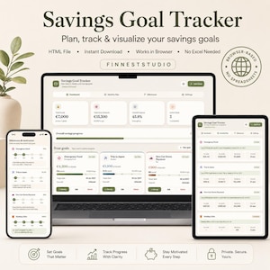 Könnte beinhalten: Ein digitaler Sparziel-Tracker, der auf einem Laptop, Tablet und Smartphone angezeigt wird. Die Oberfläche zeigt Fortschrittsbalken, finanzielle Ziele und den Text "Savings Goal Tracker". Das Design enthält den Text "Plan, track & visualize your savings goals".