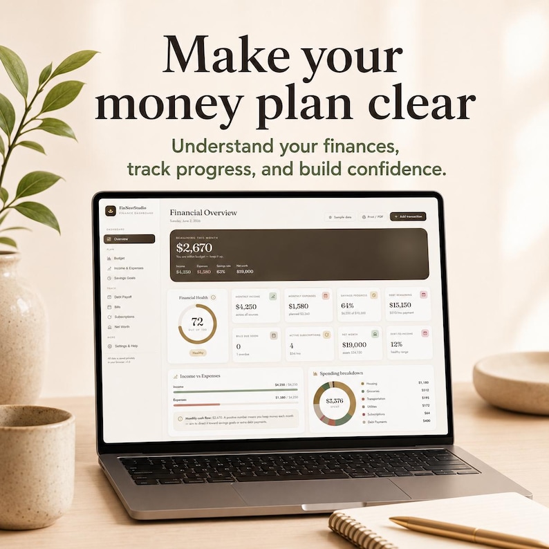K&ouml;nnte beinhalten: Ein Laptop-Bildschirm zeigt ein Finanz-Dashboard mit Diagrammen, Grafiken und numerischen Daten. Der Text lautet: Make your money plan clear. Understand your finances, track progress, and build confidence. Die Benutzeroberfl&auml;che zeigt Einnahmen, Ausgaben und Sparziele an.