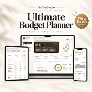 May include: A digital finance dashboard displayed on a laptop, tablet, and smartphone. The screens show the FinNestStudio Ultimate Budget Planner with financial data, charts, and text including Monthly Budget Planner and Cash Flow Forecast.