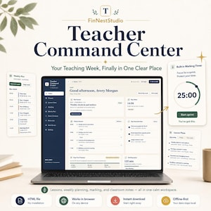 May include: A digital Teacher Command Center dashboard displayed on a laptop screen, featuring sections for weekly plans, lesson plans, and a marking timer. The interface includes text labels like 'Good afternoon, Avery Morgan' and 'Built-in Marking Timer'.