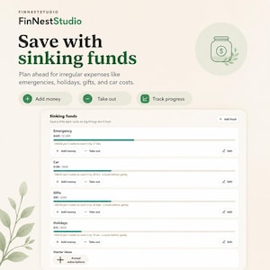 Puede incluir: Una interfaz digital para un rastreador de fondos de reserva de FinNestStudio. El dise&ntilde;o presenta un encabezado con el texto Save with sinking funds, botones para Add money, Take out, Track progress y una lista de categor&iacute;as de ahorro que incluyen Emergency, Car, Gifts y Holidays con barras de progreso y datos financieros.