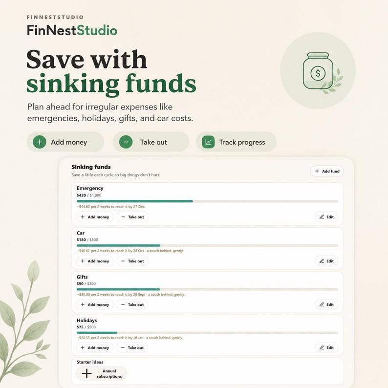 Puede incluir: Una interfaz digital para un rastreador de fondos de reserva de FinNestStudio. El dise&ntilde;o presenta un encabezado con el texto Save with sinking funds, botones para Add money, Take out, Track progress y una lista de categor&iacute;as de ahorro que incluyen Emergency, Car, Gifts y Holidays con barras de progreso y datos financieros.