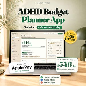 ADHD Budget Planner App | Safe to Spend Tracker, Paycheck Budget, Bills & Envelopes, Works Offline on Phone + Computer, No Subscription