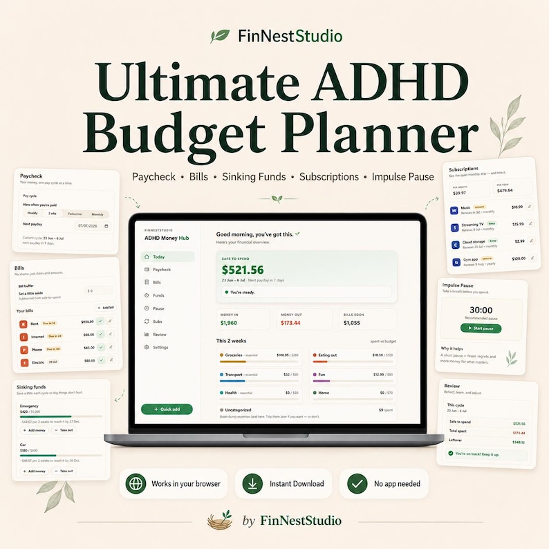 Puede incluir: Un planificador de presupuesto digital titulado Ultimate ADHD Budget Planner de FinNestStudio mostrado en una pantalla de port&aacute;til. La interfaz muestra categor&iacute;as financieras como Paycheck, Bills, Sinking Funds, Subscriptions y un temporizador Impulse Pause.