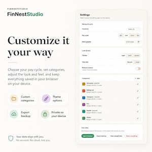 Puede incluir: Una interfaz digital para FinNestStudio que muestra un men&uacute; de configuraci&oacute;n con opciones para dinero y ciclo, moneda, ciclo de pago, tema, tama&ntilde;o de texto y reducci&oacute;n de movimiento, incluyendo una lista de categor&iacute;as de presupuesto.