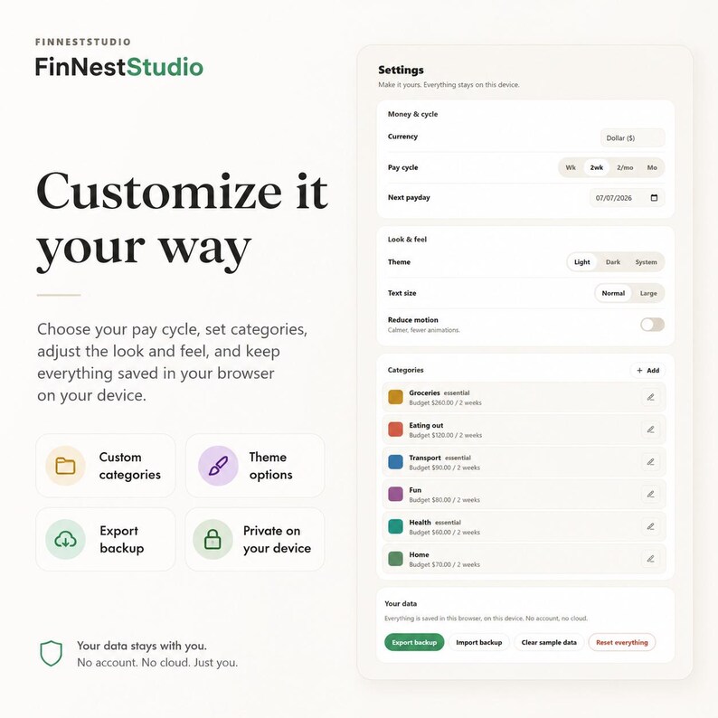 Puede incluir: Una interfaz digital para FinNestStudio que muestra un men&uacute; de configuraci&oacute;n con opciones para dinero y ciclo, moneda, ciclo de pago, tema, tama&ntilde;o de texto y reducci&oacute;n de movimiento, incluyendo una lista de categor&iacute;as de presupuesto.