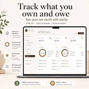 K&ouml;nnte beinhalten: Ein digitales Nettoverm&ouml;gens-Dashboard auf einem Laptop-Bildschirm. Die Benutzeroberfl&auml;che zeigt Bereiche f&uuml;r Verm&ouml;genswerte und Verbindlichkeiten, Ringdiagramme und Kontenlisten. Der Text umfasst 'Track what you own and owe' und 'Net Worth Tracker'.