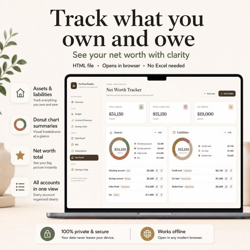 K&ouml;nnte beinhalten: Ein digitales Nettoverm&ouml;gens-Dashboard auf einem Laptop-Bildschirm. Die Benutzeroberfl&auml;che zeigt Bereiche f&uuml;r Verm&ouml;genswerte und Verbindlichkeiten, Ringdiagramme und Kontenlisten. Der Text umfasst 'Track what you own and owe' und 'Net Worth Tracker'.