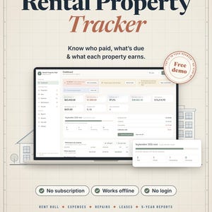 Peut inclure: Un tableau de bord numérique de suivi des propriétés locatives affiché sur un écran d'ordinateur portable. L'interface présente des indicateurs financiers, des données de performance et des journaux d'entretien. Le texte inclut Rental Property Tracker, Know who paid, what's due & what each property earns, Free demo, No subscription, Works offline, et No login.