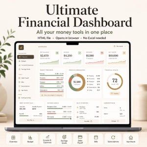 K&ouml;nnte beinhalten: Ein digitales Finanz-Dashboard auf einem Laptop-Bildschirm mit dem Text Ultimate Financial Dashboard, All your money tools in one place, HTML file, Opens in browser, No Excel needed. Die Benutzeroberfl&auml;che zeigt den Nettostand, Einnahmen, Ausgaben, das Nettoverm&ouml;gen, den Budgetfortschritt, die Ausgabenaufschl&uuml;sselung, die finanzielle Gesundheit, den Schuldenabbauplan, Sparziele, eine Rechnungs&uuml;bersicht und Abonnements.