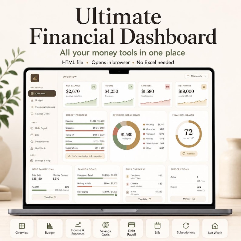 K&ouml;nnte beinhalten: Ein digitales Finanz-Dashboard auf einem Laptop-Bildschirm mit dem Text Ultimate Financial Dashboard, All your money tools in one place, HTML file, Opens in browser, No Excel needed. Die Benutzeroberfl&auml;che zeigt den Nettostand, Einnahmen, Ausgaben, das Nettoverm&ouml;gen, den Budgetfortschritt, die Ausgabenaufschl&uuml;sselung, die finanzielle Gesundheit, den Schuldenabbauplan, Sparziele, eine Rechnungs&uuml;bersicht und Abonnements.