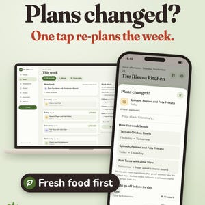 Puede incluir: Un ordenador port&aacute;til y un smartphone con una aplicaci&oacute;n de planificaci&oacute;n de comidas. Las pantallas muestran un men&uacute; semanal, listas de ingredientes y una ventana emergente titulada Plans changed? para reprogramar comidas como la frittata.
