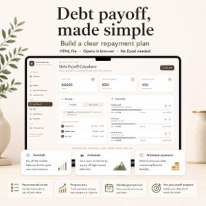 K&ouml;nnte beinhalten: Eine digitale Benutzeroberfl&auml;che f&uuml;r einen Schulden-Tilgungsrechner auf einem Laptop-Bildschirm. Das Dashboard enth&auml;lt Bereiche f&uuml;r Gesamtschulden, monatliche Zahlungen und Fortschrittsprozents&auml;tze. Es umfasst Strategieoptionen wie Snowball, Avalanche und Minimum payments mit klaren Textbeschriftungen und Symbolen zur Verfolgung finanzieller Ziele.