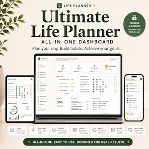 May include: A digital life planner displayed on a laptop, tablet, and smartphone. The screen shows an all-in-one dashboard with sections for tasks, habits, goals, and routines. Text includes Ultimate Life Planner, Private & Secure, and All-in-one. Easy to use. Designed for real results.