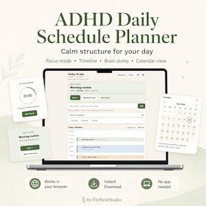 Peut inclure: Une interface numérique de planificateur quotidien ADHD affichée sur un écran d'ordinateur portable, avec vue calendrier, mode focus et chronologie. La mise en page inclut des textes comme Morning routine, Today's progress et July 2026.
