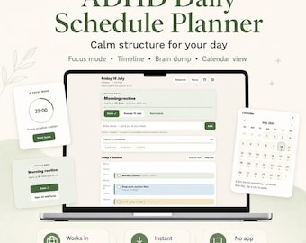 Planificador de horarios diarios para TDAH / Modo de concentración, línea de tiempo, lluvia de ideas, vista de calendario / Planificador de navegador digital