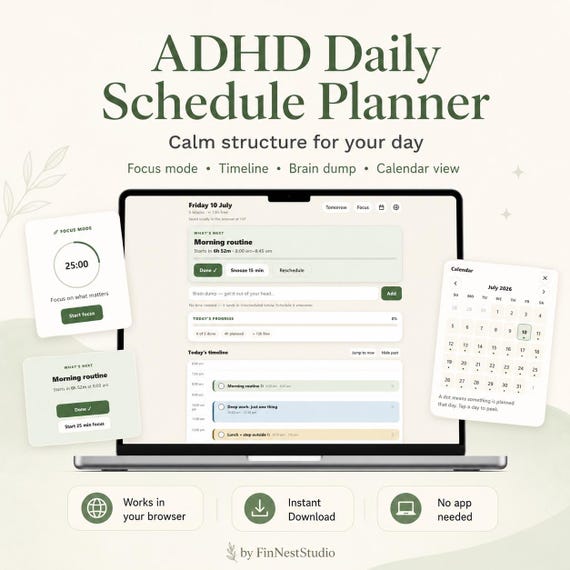 ADHD Daily Schedule Planner | Focus Mode, Timeline, Brain Dump, Calendar View | Digital Browser Planner