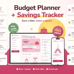May include: A digital budget planner and savings tracker displayed on a laptop and smartphone screen. The interface features pink and white color schemes, financial tracking tools, and icons including a purse, Eiffel Tower, and umbrella.