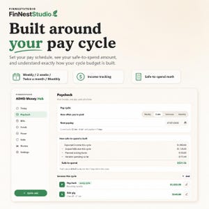 Puede incluir: Una interfaz digital para el FinNestStudio ADHD Money Hub, con un panel titulado Paycheck. Muestra la configuraci&oacute;n del ciclo de pago, el seguimiento de ingresos y un c&aacute;lculo de dinero seguro para gastar de 521,56 $.