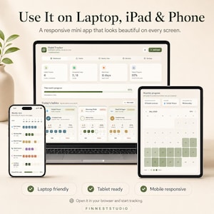 May include: A digital habit tracker app displayed on a laptop, tablet, and smartphone. The app interface is shown on each device, with the text "Use It on Laptop, iPad & Phone" at the top. The app is "Laptop friendly", "Tablet ready", and "Mobile responsive".