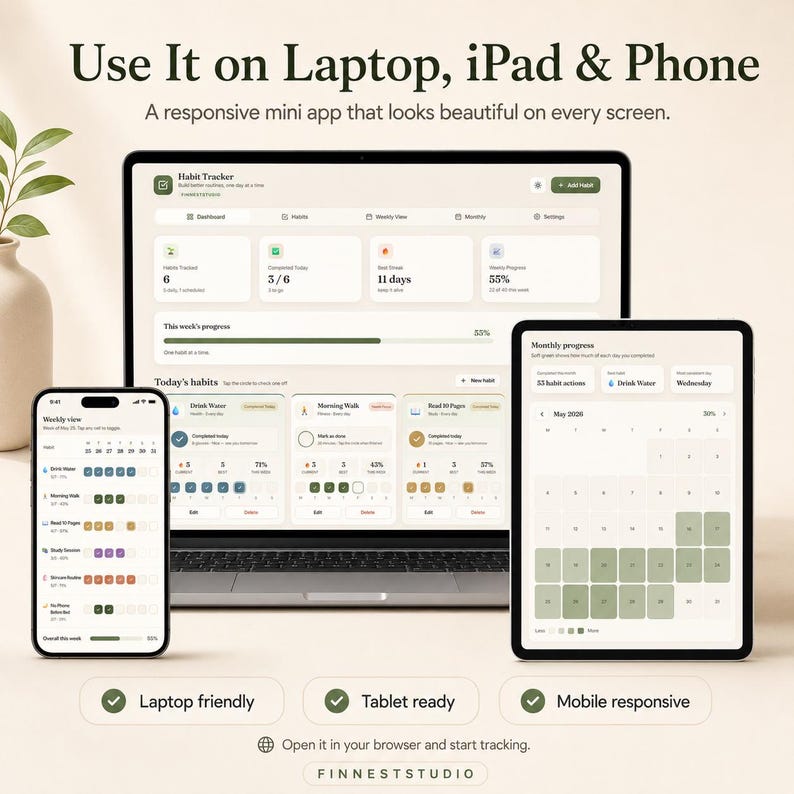May include: A digital habit tracker app displayed on a laptop, tablet, and smartphone. The app interface is shown on each device, with the text "Use It on Laptop, iPad & Phone" at the top. The app is "Laptop friendly", "Tablet ready", and "Mobile responsive".