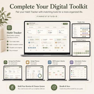 May include: A digital toolkit advertisement featuring a laptop and several tablets displaying habit tracking, budget planning, and subscription management apps. The text reads "Complete Your Digital Toolkit" and "FINNESTSTUDIO".