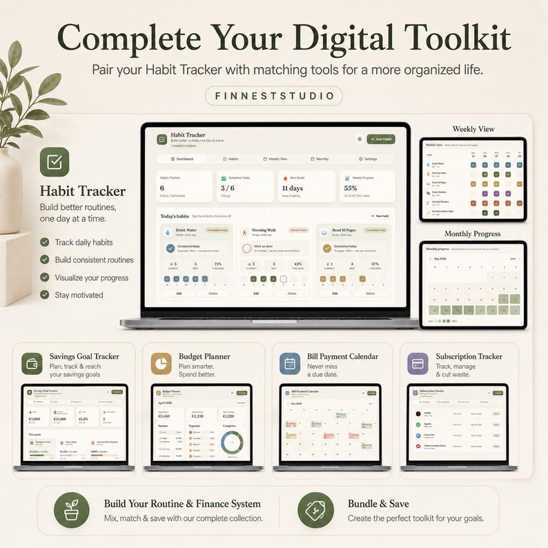 May include: A digital toolkit advertisement featuring a laptop and several tablets displaying habit tracking, budget planning, and subscription management apps. The text reads "Complete Your Digital Toolkit" and "FINNESTSTUDIO".