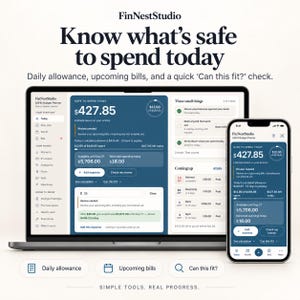 May include: A laptop and smartphone displaying the FinNestStudio ADHD Budget Planner interface. The screen shows financial data including a safe to spend amount of $427.85, upcoming bills, and a daily allowance tracker with blue and white UI elements.