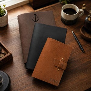 May include: Three leather journals in brown, black, and tan. The brown journal features an anchor icon with the letters SV. The tan journal has a strap closure with two brass rivets and the embossed letters EMR at the bottom right corner.